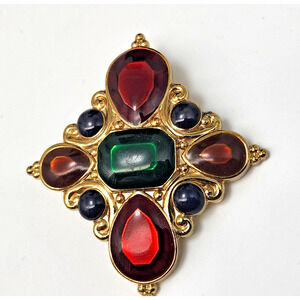 JAY STRONGWATER Maltese Cross Pendant Scarf Slide Gold Tone Red Green Brown Blue